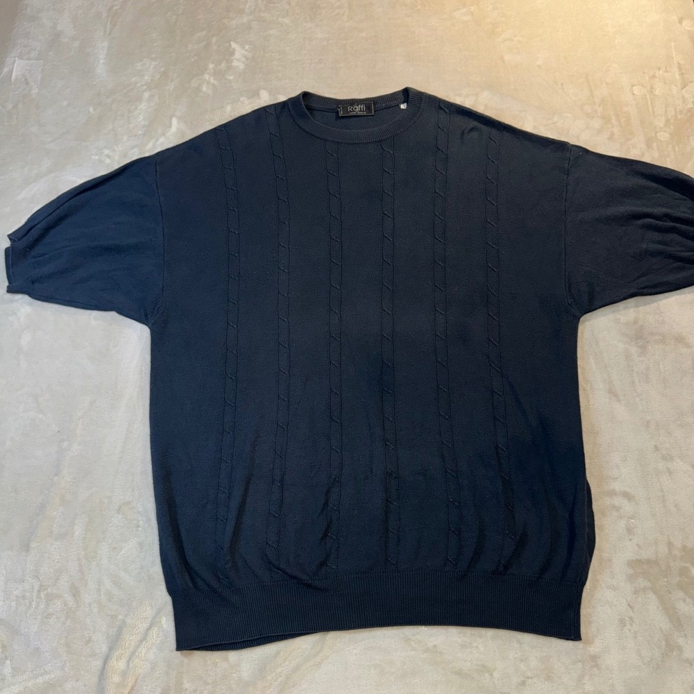 Raffi Linea Uomo Mens Navy Blue Cable Knit Short Sleeve Sweater Made in Italy XL